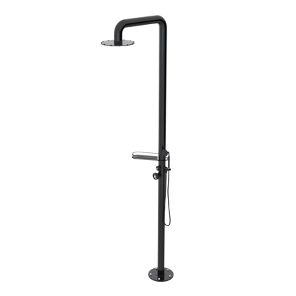 Rubinet Pressure Balance Outdoor Shower with Hand Held Shower & 10" Shower Head (with shelf) - 304 Stainless Steel Black