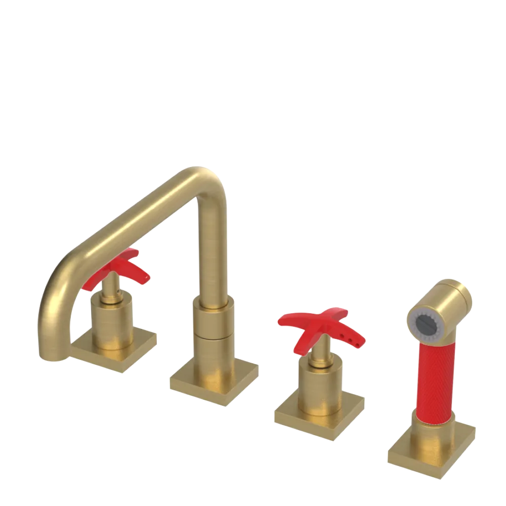 Rubinet Widespread Kitchen Set with Genesis Spout with Hand Spray Satin Gold