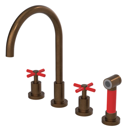 Rubinet Widespread Kitchen Set with LaSalle Spout with Hand Spray Tuscan Brass