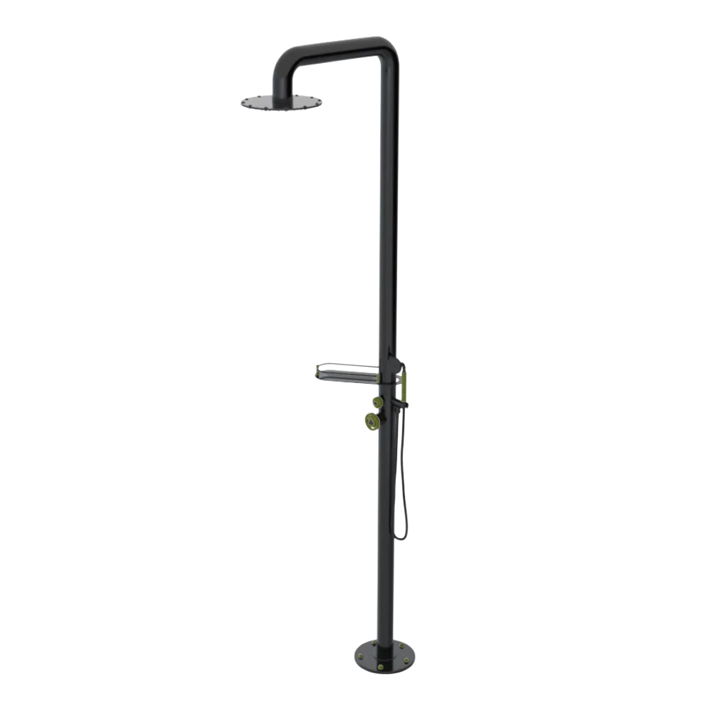 Rubinet Pressure Balance Outdoor Shower with Hand Held Shower & 10" Shower Head (with shelf) - 304 Stainless Steel Black