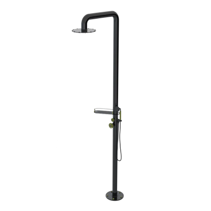 Rubinet Pressure Balance Outdoor Shower with Hand Held Shower & 10" Shower Head (with shelf) - 304 Stainless Steel Black