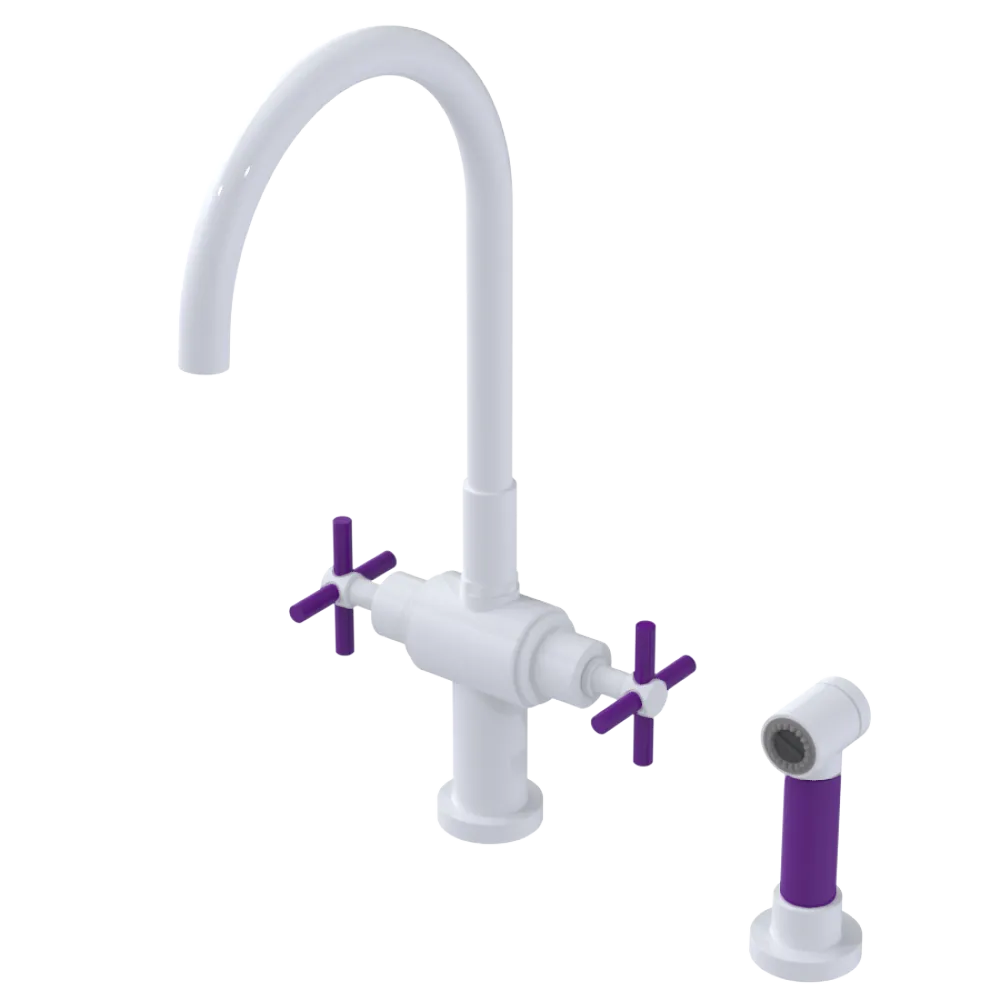 Rubinet Two Handle Single Hole Kitchen Set with LaSalle Spout with Hand Spray White