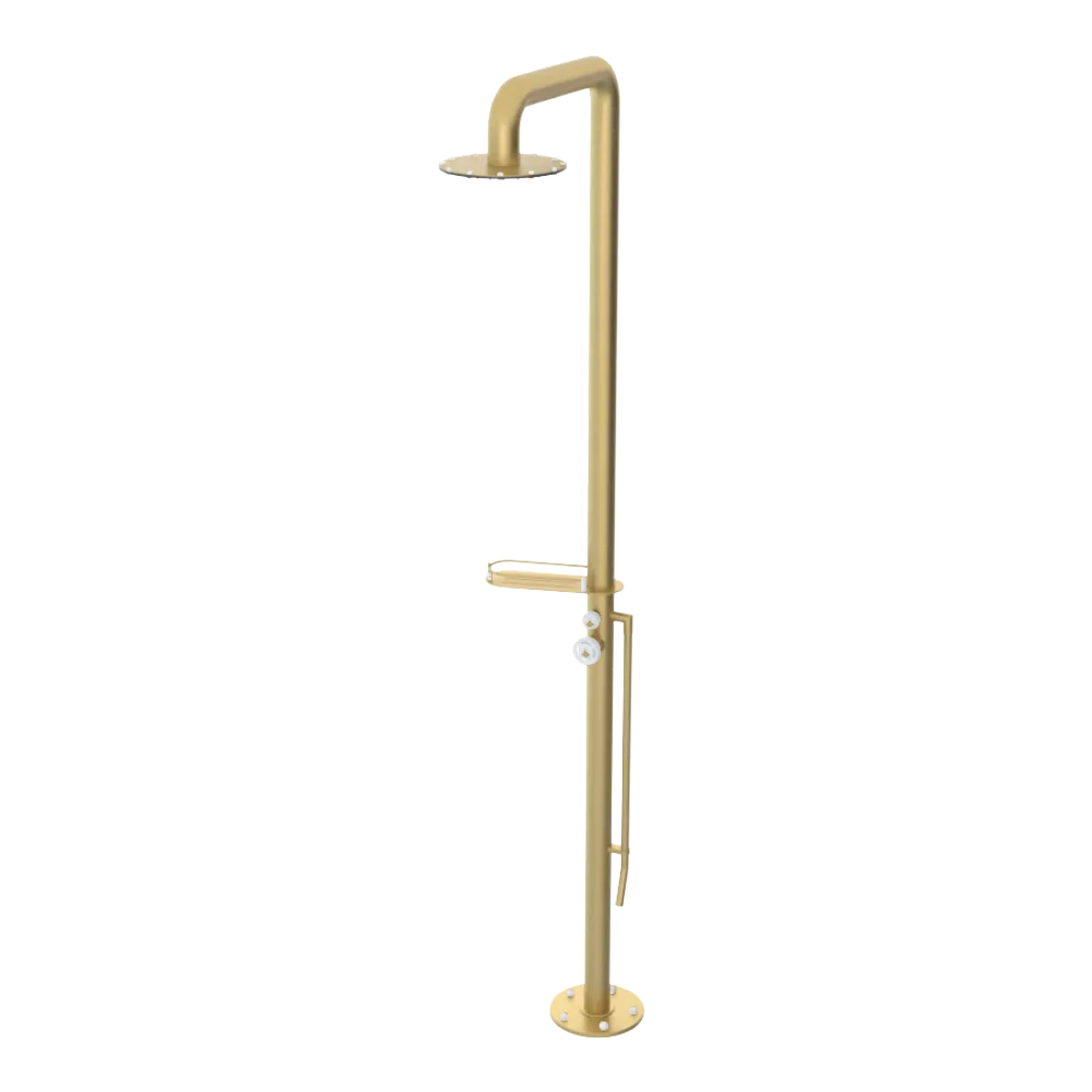 Rubinet Pressure Balance Outdoor Shower with Foot Rinse & 10" Shower Head (with shelf) - 304 Stainless Steel Satin Brass