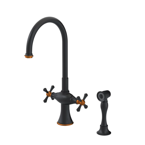 Rubinet Two Handle Single Hole Kitchen Set with Hand Spray Matt Black