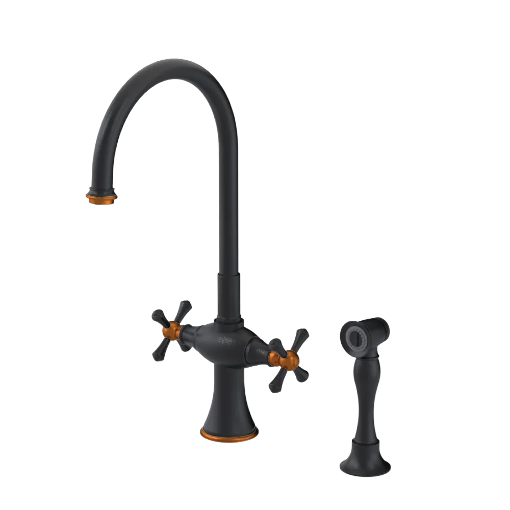 Rubinet Two Handle Single Hole Kitchen Set with Hand Spray Matt Black