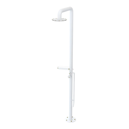 Rubinet Pressure Balance Outdoor Shower with Foot Rinse & 10" Shower Head (with shelf) - 304 Stainless Steel Matt White