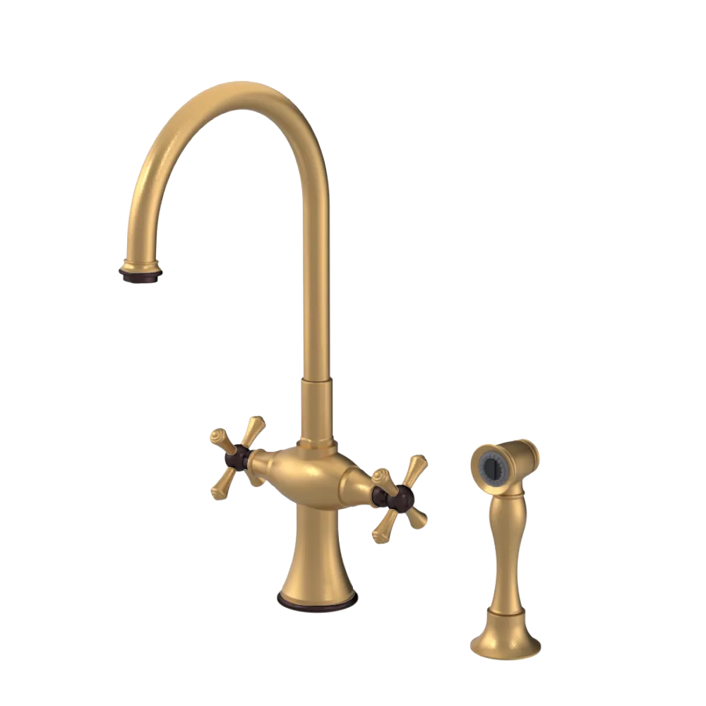 Rubinet Two Handle Single Hole Kitchen Set with Hand Spray Satin Gold