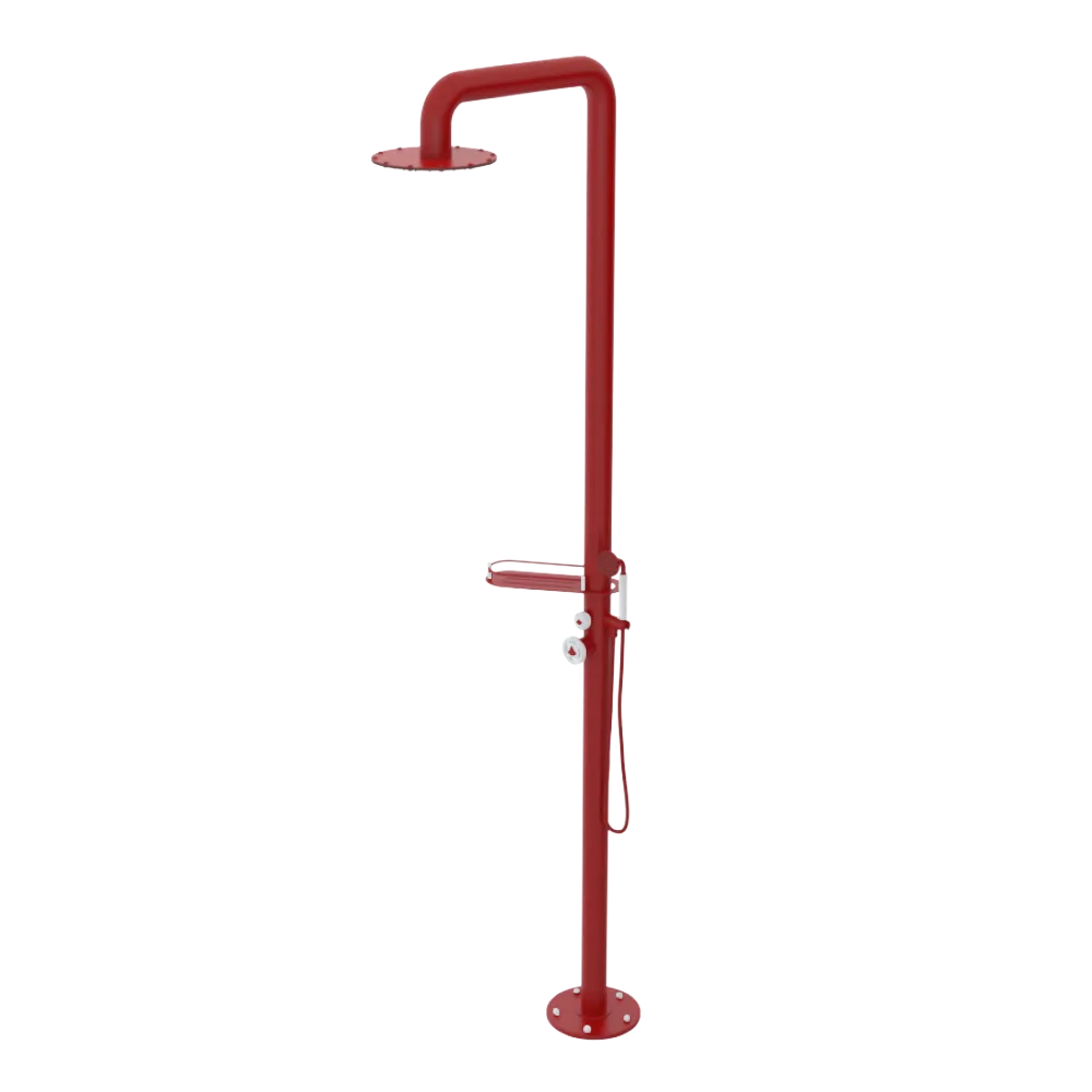 Rubinet Pressure Balance Outdoor Shower with Hand Held Shower & 10" Shower Head (with shelf) - 304 Stainless Steel Maroon