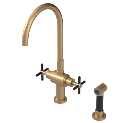 Rubinet Two Handle Single Hole Kitchen Set with LaSalle Spout with Hand Spray Satin Gold