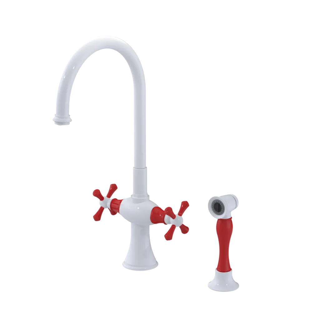 Rubinet Two Handle Single Hole Kitchen Set with Hand Spray White