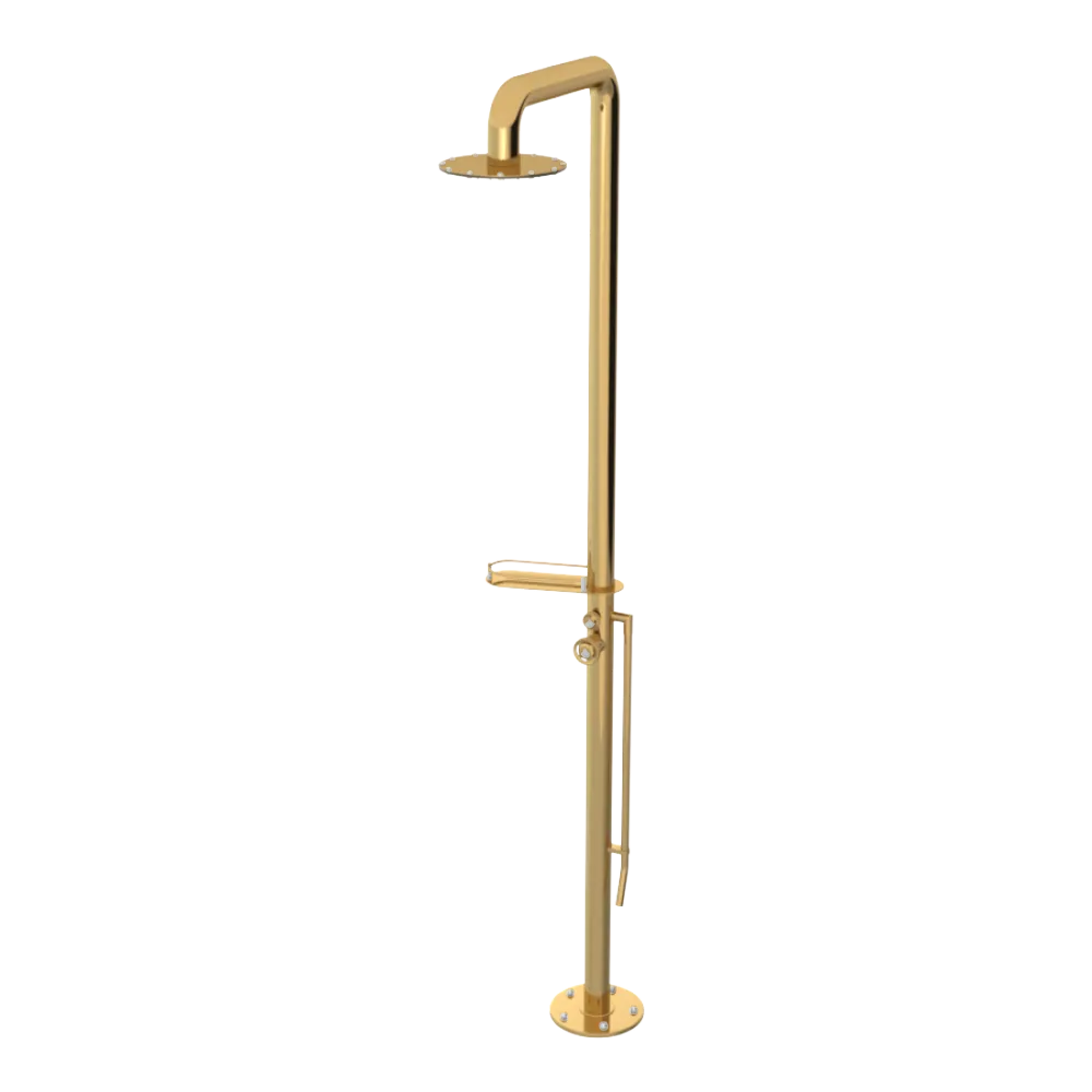 Rubinet Pressure Balance Outdoor Shower with Foot Rinse & 10" Shower Head (with shelf) - 304 Stainless Steel Gold