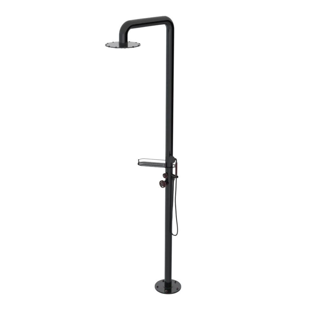 Rubinet Pressure Balance Outdoor Shower with Hand Held Shower & 10" Shower Head (with shelf) - 304 Stainless Steel Black