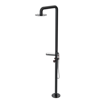 Rubinet Pressure Balance Outdoor Shower with Hand Held Shower & 10" Shower Head (with shelf) - 304 Stainless Steel Black