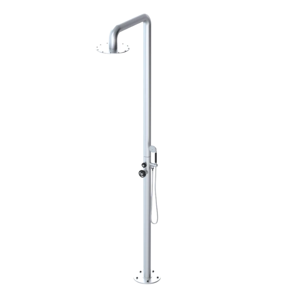 Rubinet Pressure Balance Outdoor Shower with Hand Held Shower & 10" Shower Head - 304 Stainless Steel Satin Chrome