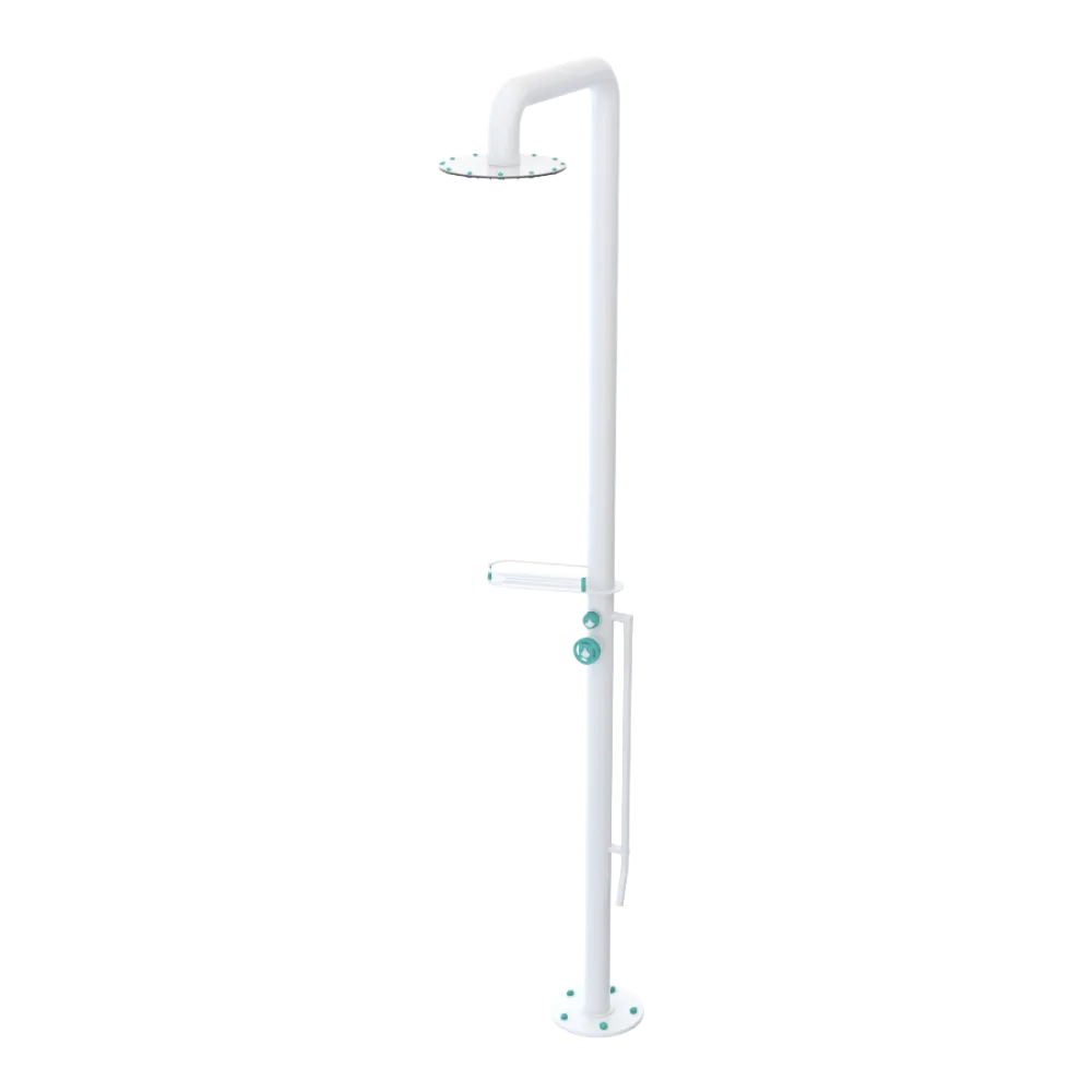 Rubinet Pressure Balance Outdoor Shower with Foot Rinse & 10" Shower Head (with shelf) - 304 Stainless Steel White