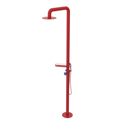 Rubinet Pressure Balance Outdoor Shower with Hand Held Shower & 10" Shower Head (with shelf) - 304 Stainless Steel Red