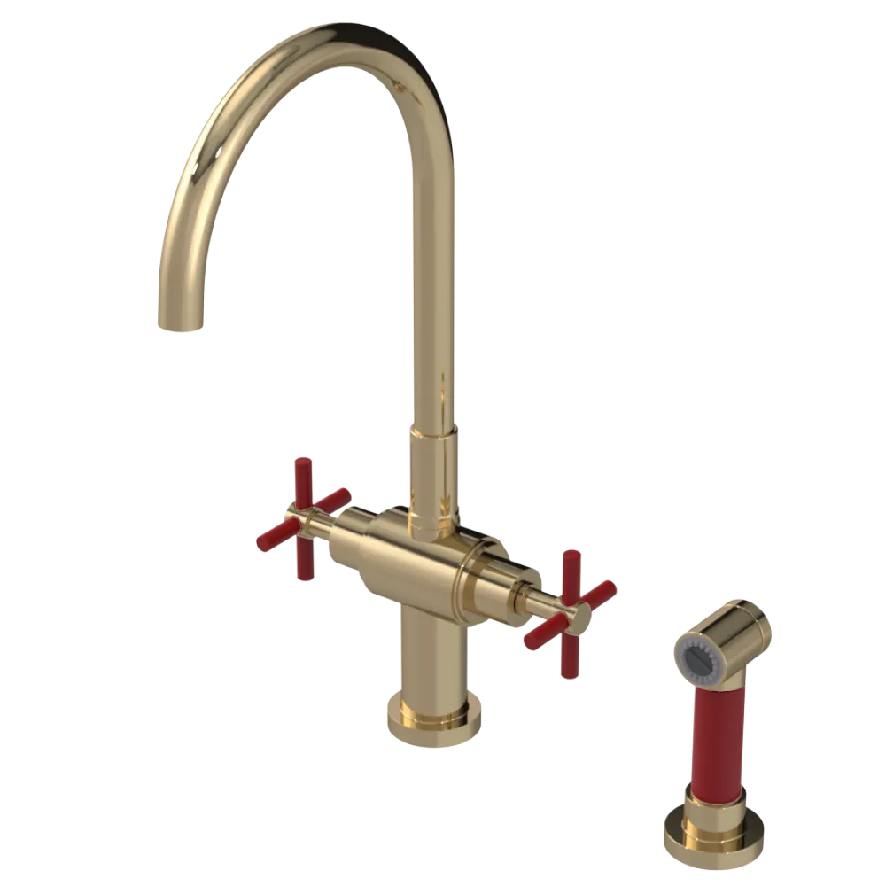 Rubinet Two Handle Single Hole Kitchen Set with LaSalle Spout with Hand Spray Gold