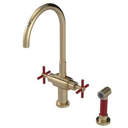 Rubinet Two Handle Single Hole Kitchen Set with LaSalle Spout with Hand Spray Gold