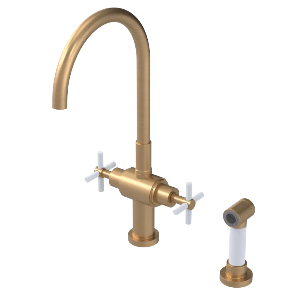 Rubinet Two Handle Single Hole Kitchen Set with LaSalle Spout with Hand Spray Satin Gold