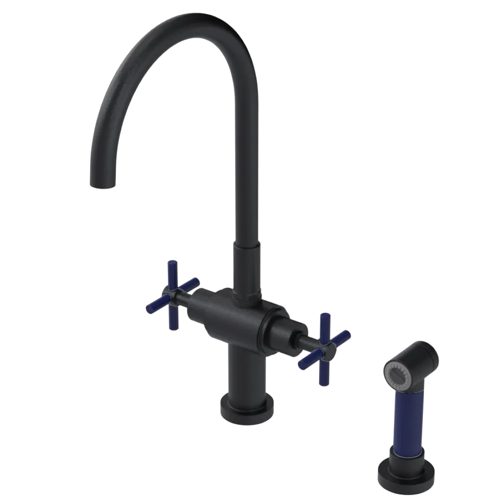 Rubinet Two Handle Single Hole Kitchen Set with LaSalle Spout with Hand Spray Matt Black
