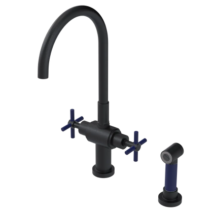 Rubinet Two Handle Single Hole Kitchen Set with LaSalle Spout with Hand Spray Matt Black