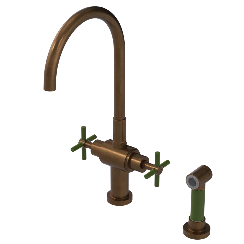 Rubinet Two Handle Single Hole Kitchen Set with LaSalle Spout with Hand Spray Tuscan Brass