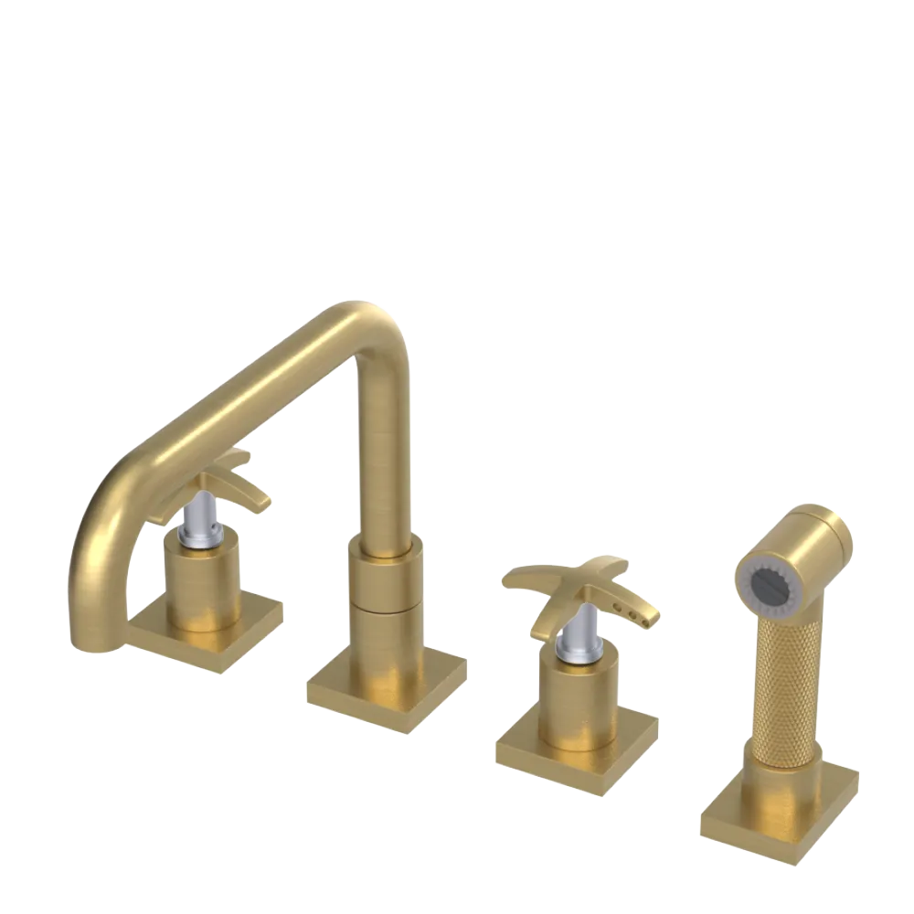 Rubinet Widespread Kitchen Set with Genesis Spout with Hand Spray Satin Gold