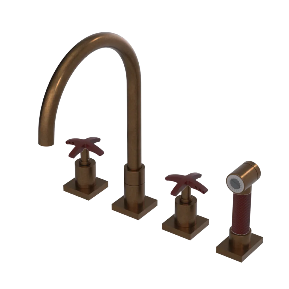 Rubinet Widespread Kitchen Set with Hand Spray Tuscan Brass