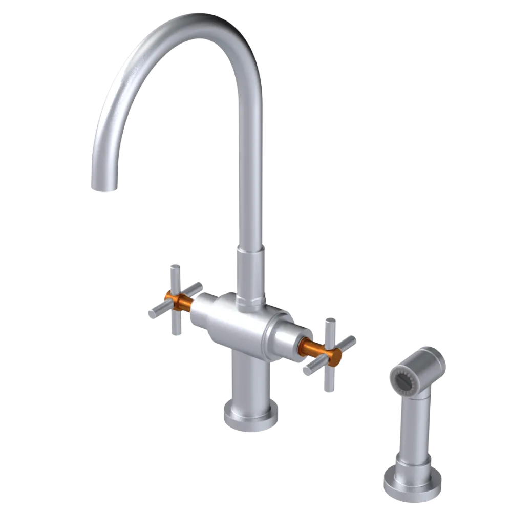 Rubinet Two Handle Single Hole Kitchen Set with LaSalle Spout with Hand Spray Satin Chrome