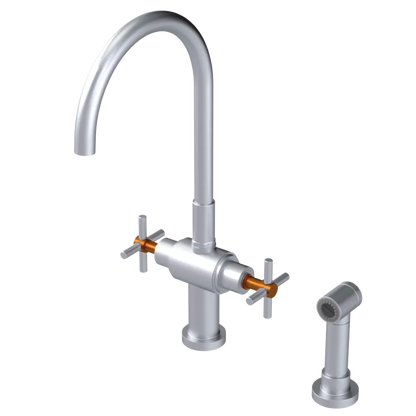 Rubinet Two Handle Single Hole Kitchen Set with LaSalle Spout with Hand Spray Satin Chrome