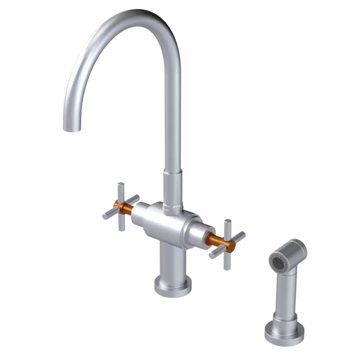 Rubinet Two Handle Single Hole Kitchen Set with LaSalle Spout with Hand Spray Satin Chrome