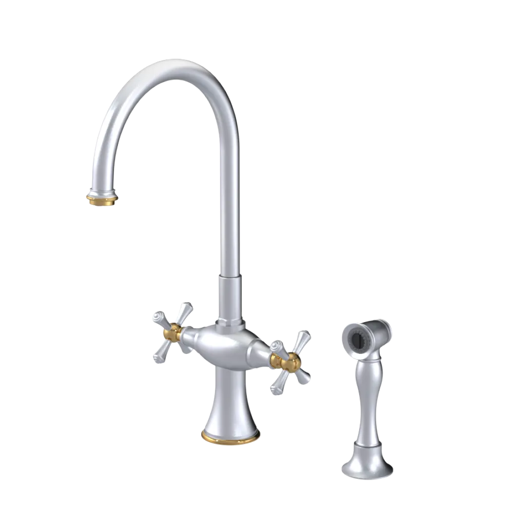 Rubinet Two Handle Single Hole Kitchen Set with Hand Spray Satin Chrome