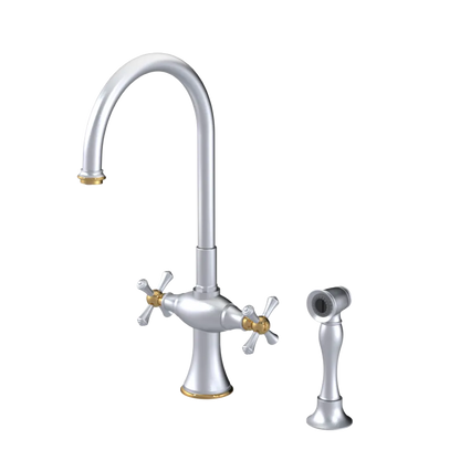 Rubinet Two Handle Single Hole Kitchen Set with Hand Spray Satin Chrome