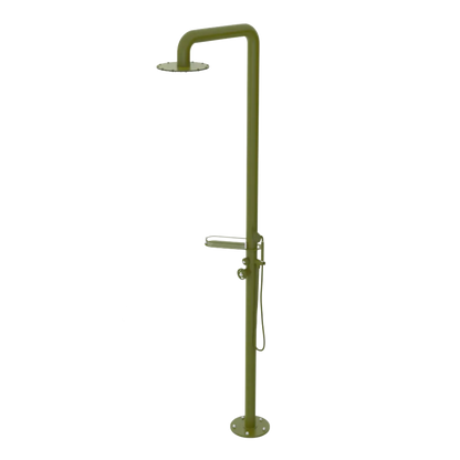 Rubinet Pressure Balance Outdoor Shower with Hand Held Shower & 10" Shower Head (with shelf) - 304 Stainless Steel Green Envy