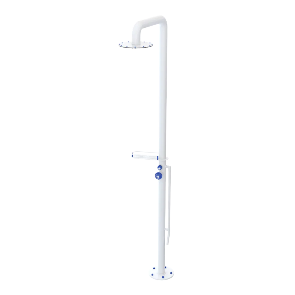 Rubinet Pressure Balance Outdoor Shower with Foot Rinse & 10" Shower Head (with shelf) - 304 Stainless Steel White