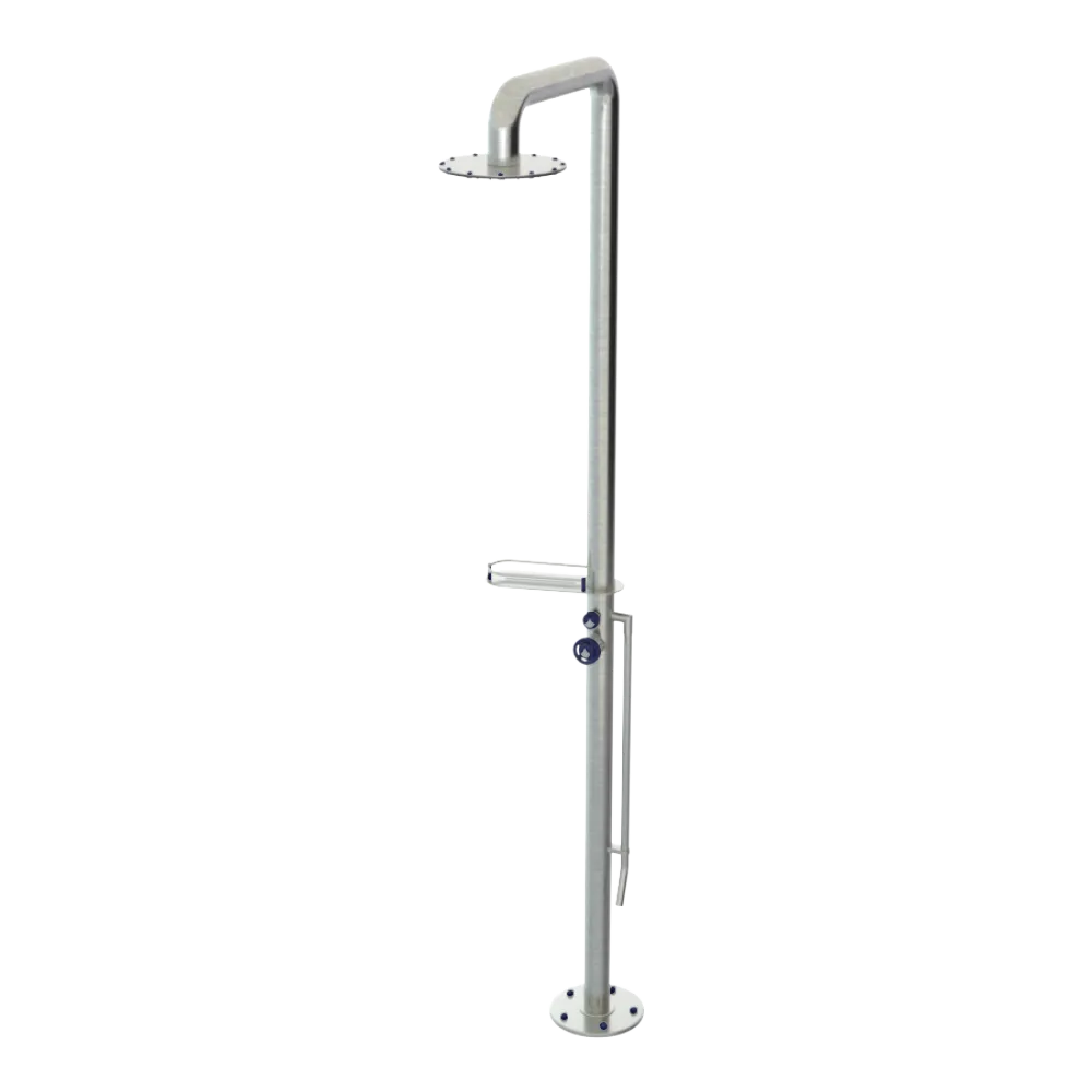 Rubinet Pressure Balance Outdoor Shower with Foot Rinse & 10" Shower Head (with shelf) - 304 Stainless Steel Satin Nickel