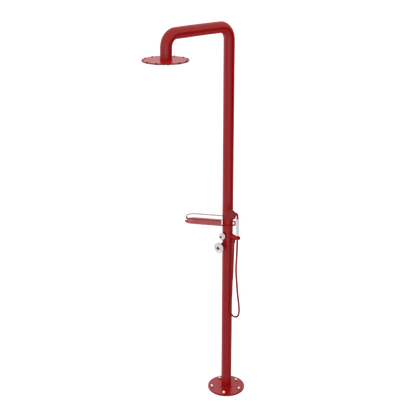 Rubinet Pressure Balance Outdoor Shower with Hand Held Shower & 10" Shower Head (with shelf) - 304 Stainless Steel Maroon