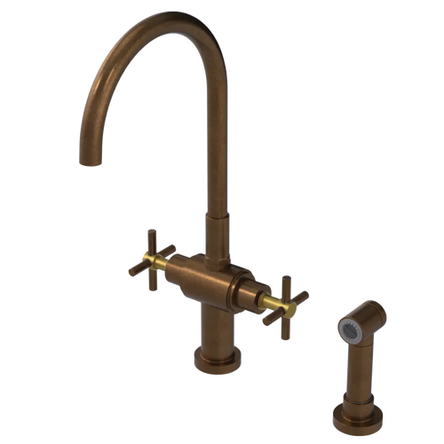 Rubinet Two Handle Single Hole Kitchen Set with LaSalle Spout with Hand Spray Tuscan Brass