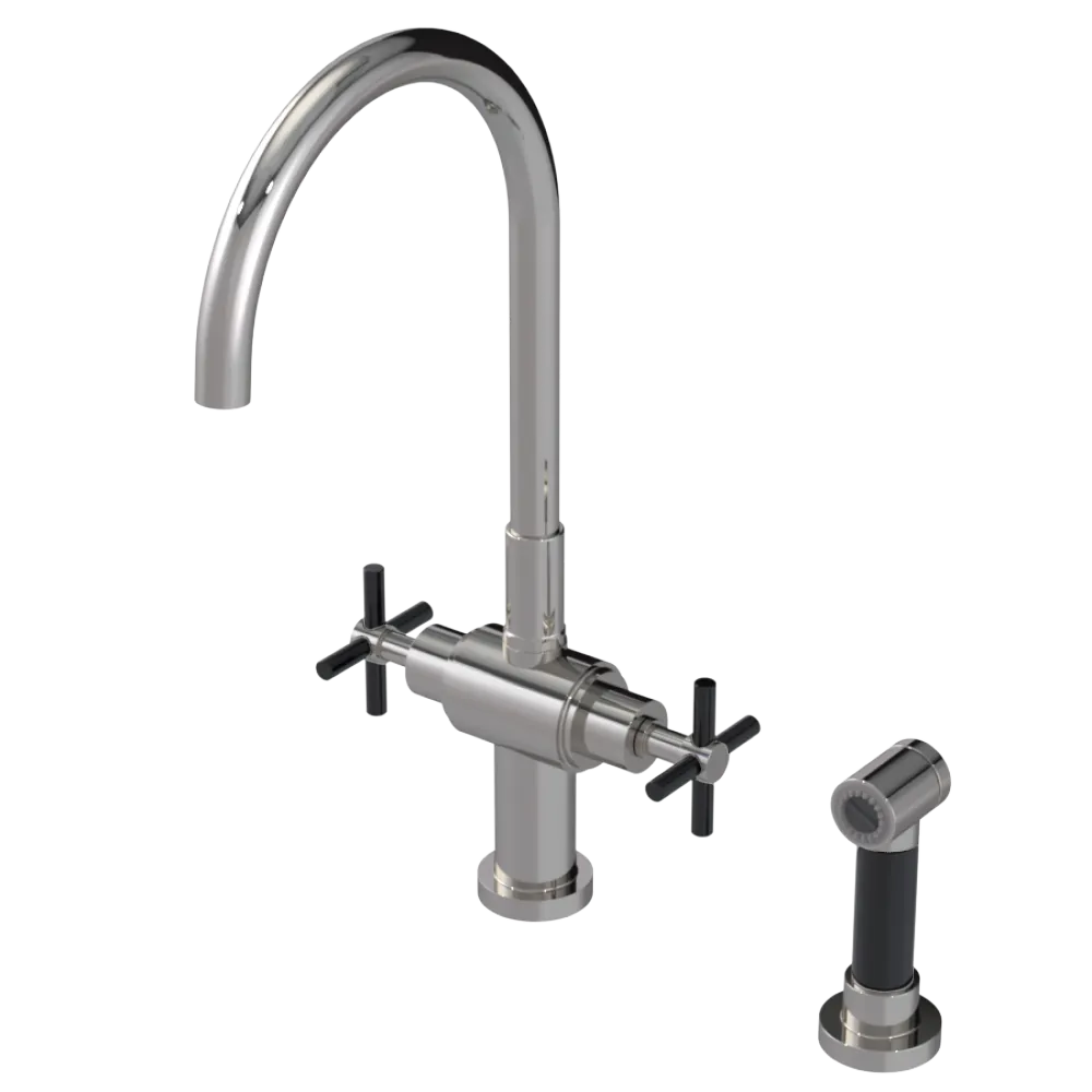 Rubinet Two Handle Single Hole Kitchen Set with LaSalle Spout with Hand Spray Polished Nickel