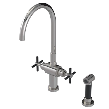 Rubinet Two Handle Single Hole Kitchen Set with LaSalle Spout with Hand Spray Polished Nickel