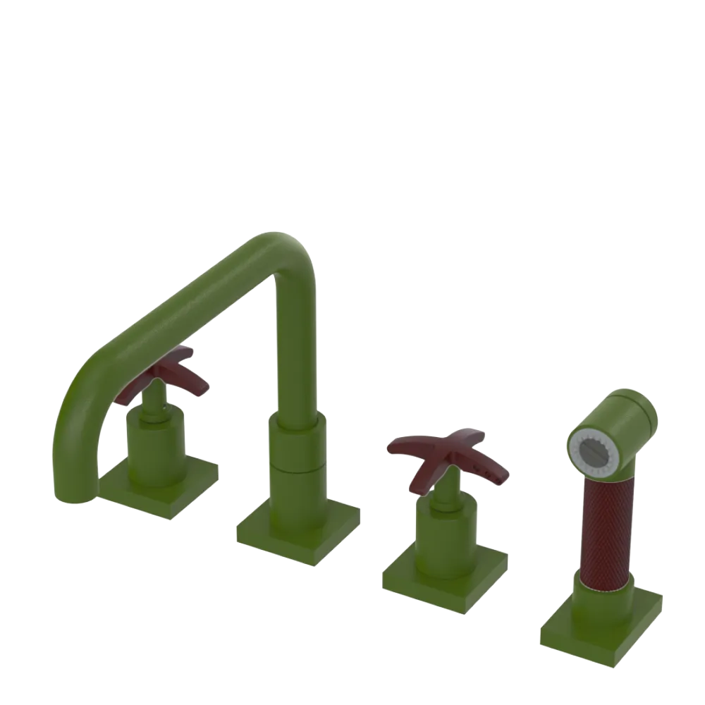 Rubinet Widespread Kitchen Set with Genesis Spout with Hand Spray Green Envy