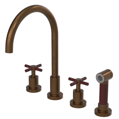 Rubinet Widespread Kitchen Set with LaSalle Spout with Hand Spray Tuscan Brass