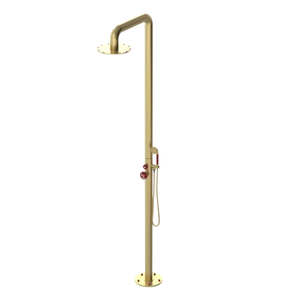 Rubinet Pressure Balance Outdoor Shower with Hand Held Shower & 10" Shower Head - 304 Stainless Steel Satin Gold