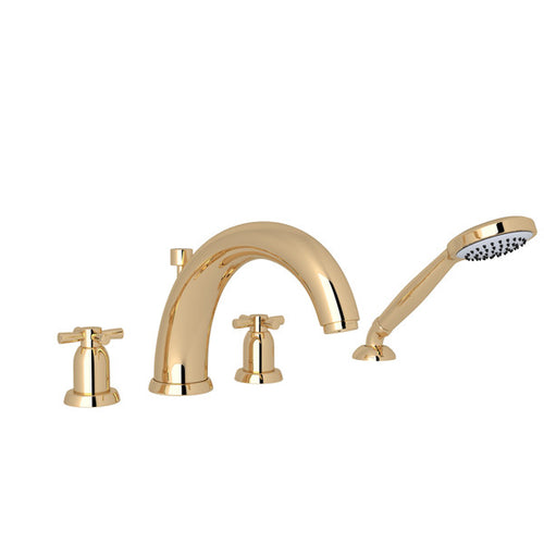 Perrin & Rowe Holborn 4-Hole Deck Mount Modified C-Spout Bathtub Filler with Handshower