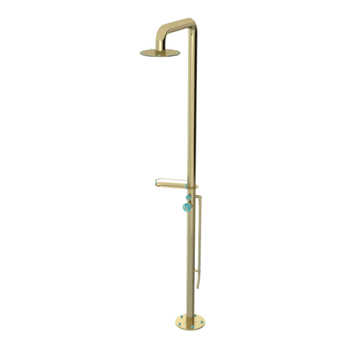 Rubinet Pressure Balance Outdoor Shower with Foot Rinse & 10" Shower Head (with shelf) - 304 Stainless Steel Bright Brass