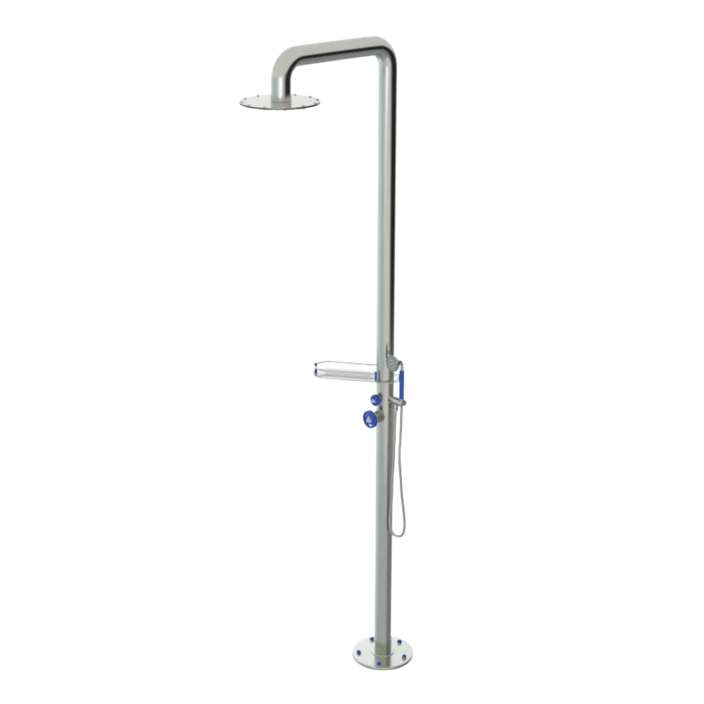 Rubinet Pressure Balance Outdoor Shower with Hand Held Shower & 10" Shower Head (with shelf) - 304 Stainless Steel Satin Nickel