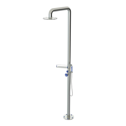 Rubinet Pressure Balance Outdoor Shower with Hand Held Shower & 10" Shower Head (with shelf) - 304 Stainless Steel Satin Nickel