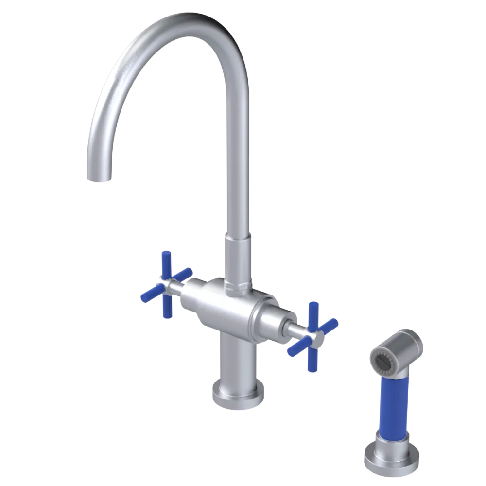 Rubinet Two Handle Single Hole Kitchen Set with LaSalle Spout with Hand Spray Satin Chrome