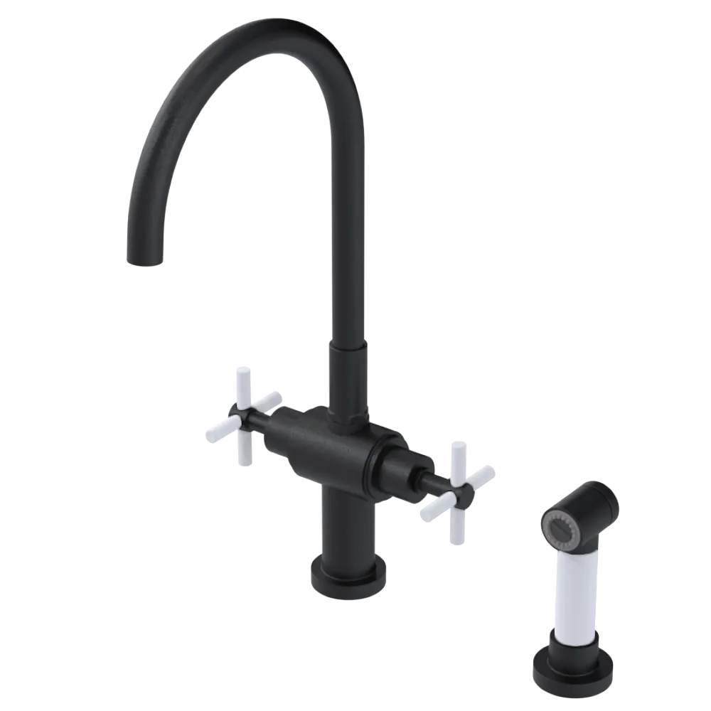 Rubinet Two Handle Single Hole Kitchen Set with LaSalle Spout with Hand Spray Matt Black