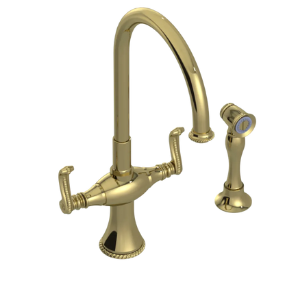 Rubinet Two Handle Single Hole Kitchen Set with Hand Spray Natural Brass